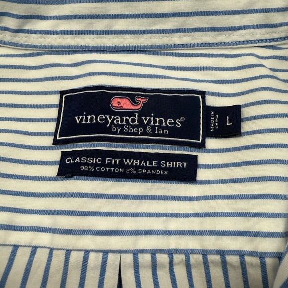 Vineyard Vines Shep & Ian Stretch Blue White Stripe LG Classic Fit Whale Shirt - Picture 3 of 6